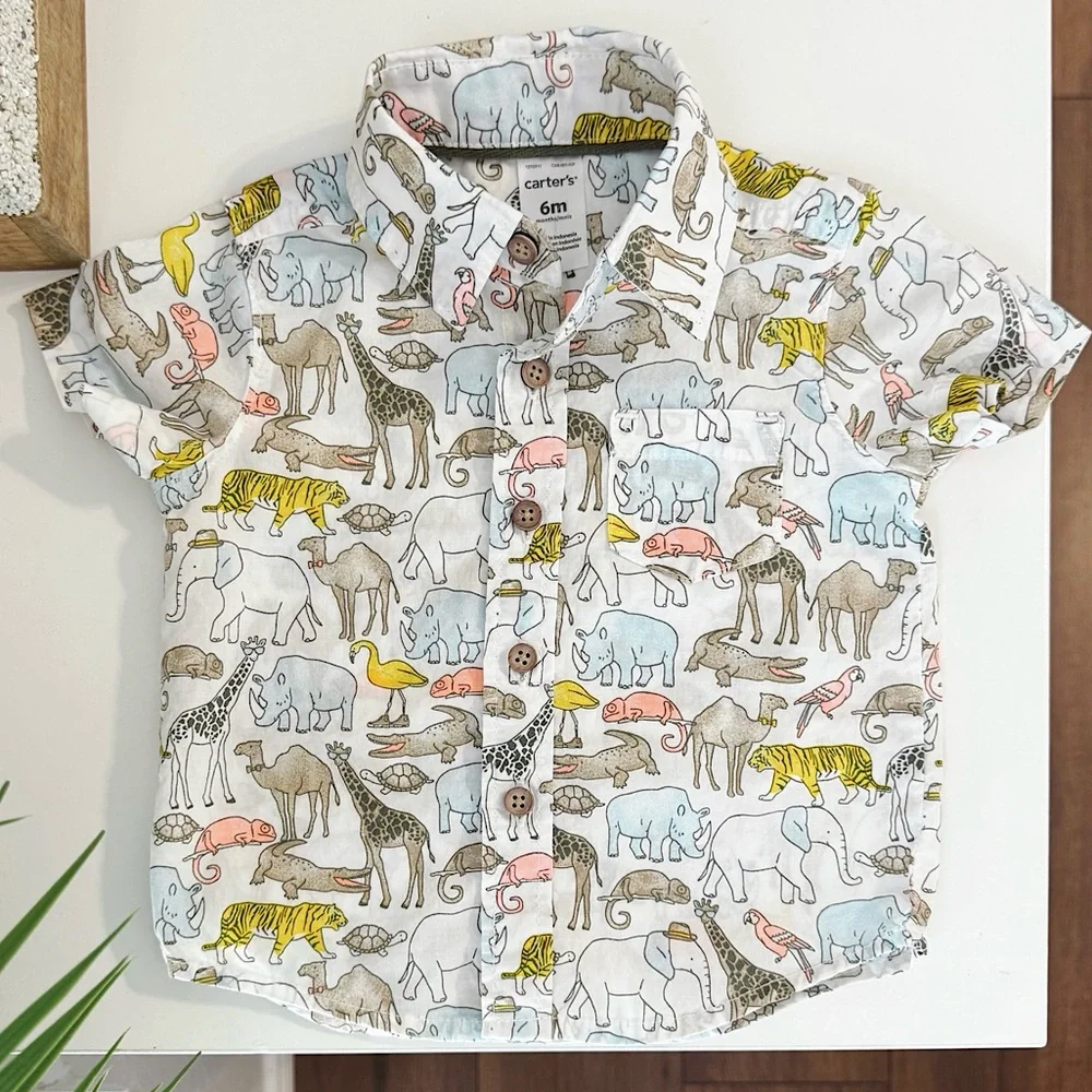 Carter’s Baby Boy Zoo Animal Print Collared Button Down Shirt Short Sleeve Top